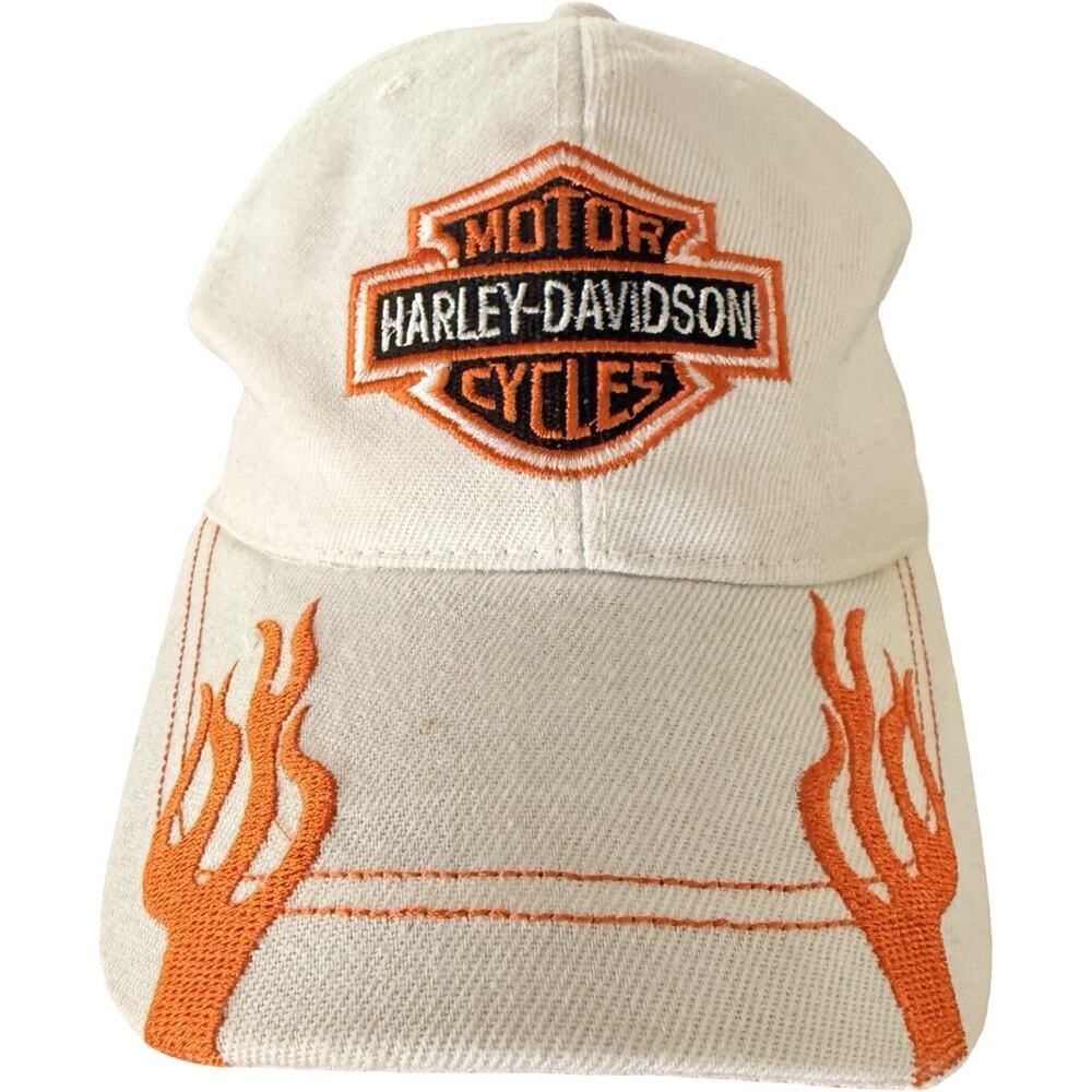 Harley-Davidson Motor Cycles Bar Shield White Cap Orange Flame Embroidery Hat